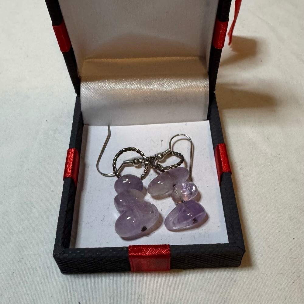 Women's Glass Bead Dangle Earrings Amethyst Purple Silver Tone Pierced Earrings